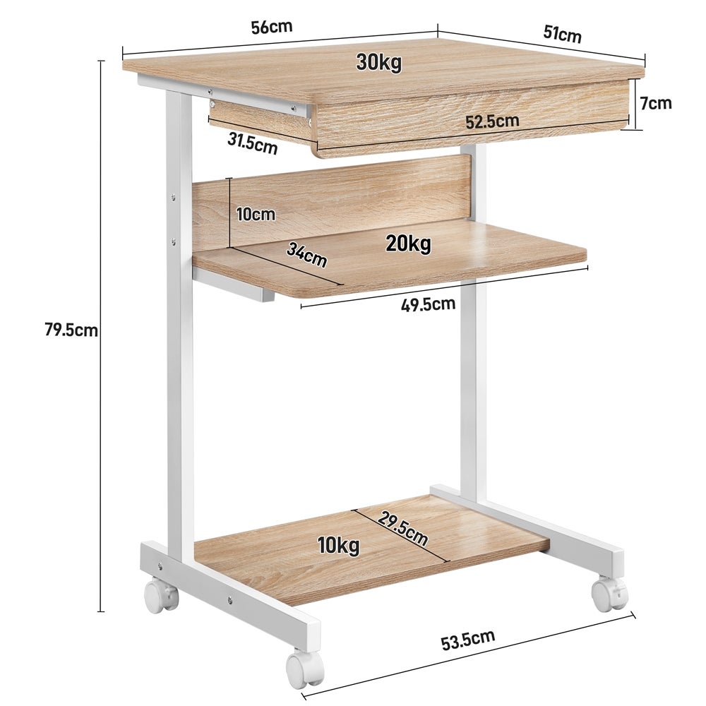 Bureau d'ordinateur Portable en Métal avec Roulettes et Tiroir Étagères de Rangement, Chêne clair Yaheetech - 4