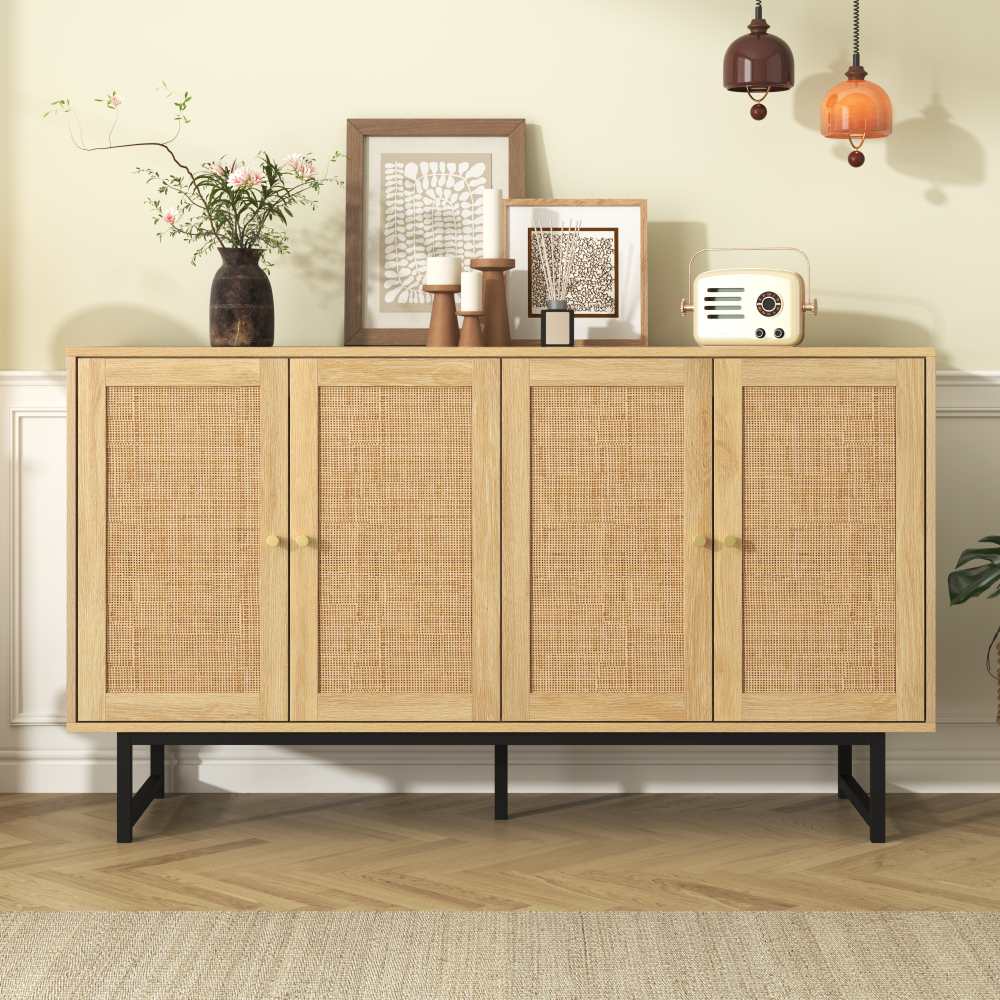Komoda 140x39,5x80 cm z naturalnego rattanu, 4 drzwi, styl drewniany z matowymi złotymi uchwytami - 2