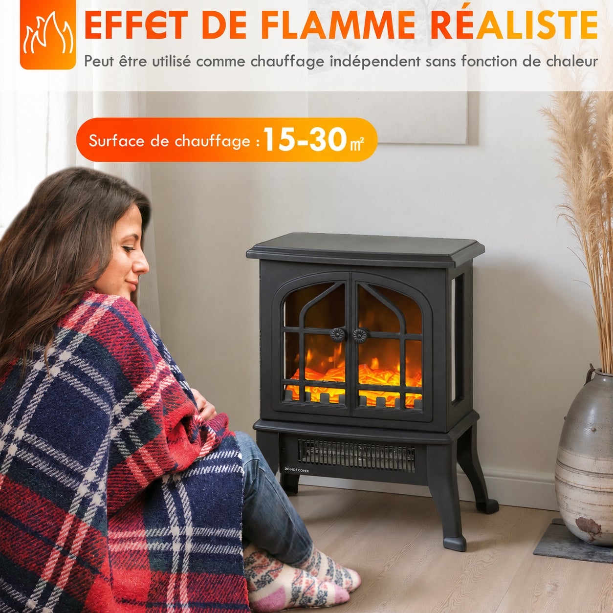 Cheminée électrique sur pied portable 900/1800 W, effet flamme 3D sur 3 ...