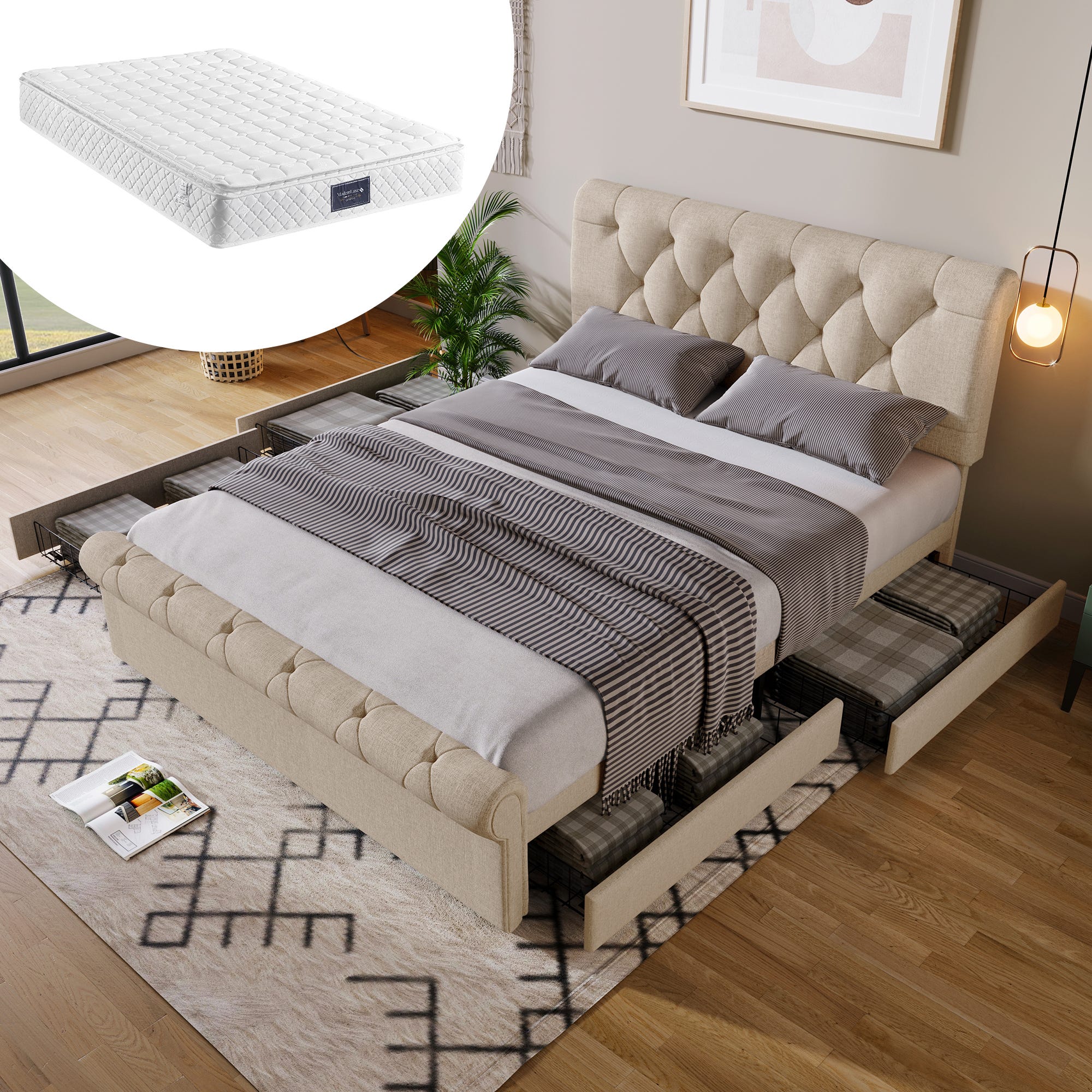 Lit double rembourré 140x200 cm avec matelas, 4 tiroirs et tête de lit ...