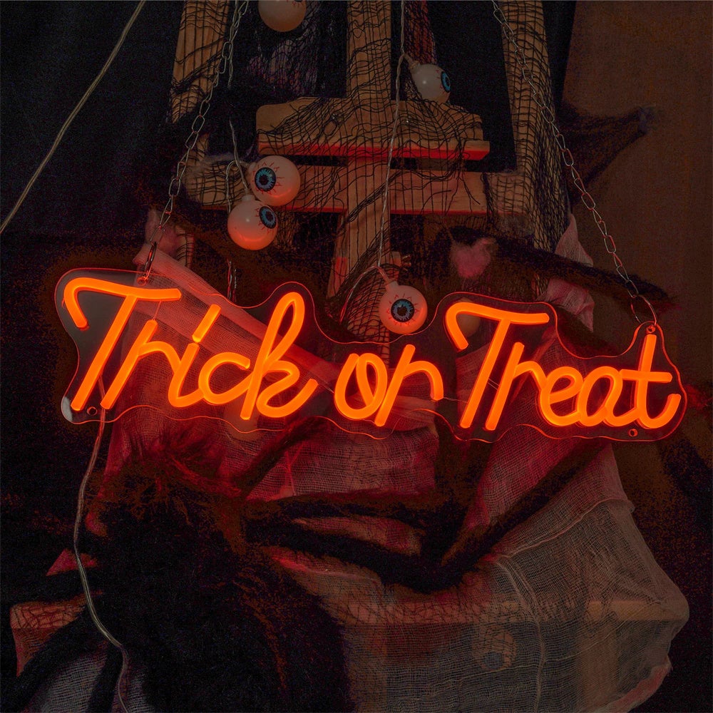 Neonowy szyld "Trick or Treat", neonowy szyld LED Halloween, dekoracja nocna horror, dekoracja na Halloween 35 x 11 cm