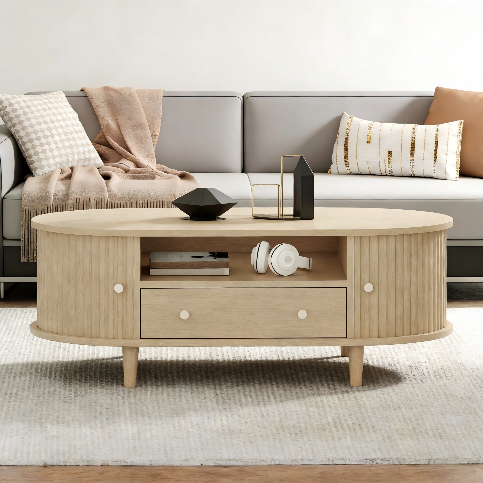 Modernluxe  Mesa De Centro Ovalada 100X50x36 Cm, 1 Cajón Y 2 Puertas Correderas, Espacio De Almacenaje Abierto, Chapa De Nogal, Mdf, Natural , Leroy Merlin