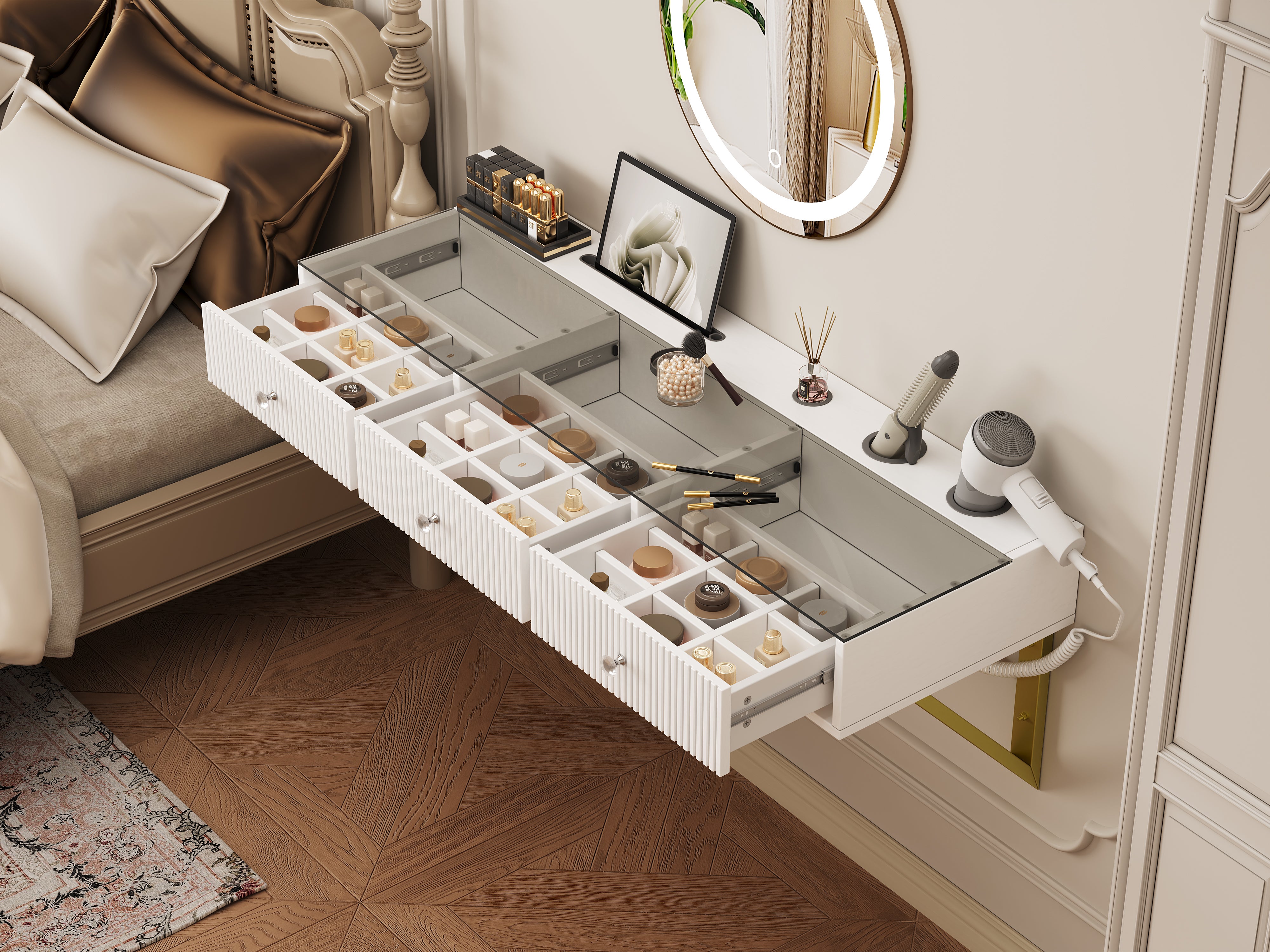 Coiffeuse murale avec 3 tiroirs - MDF + panneau de particules + plateau en verre - 120 x 40 x 45 cm - Blanc (sans tabouret et miroir) - 8