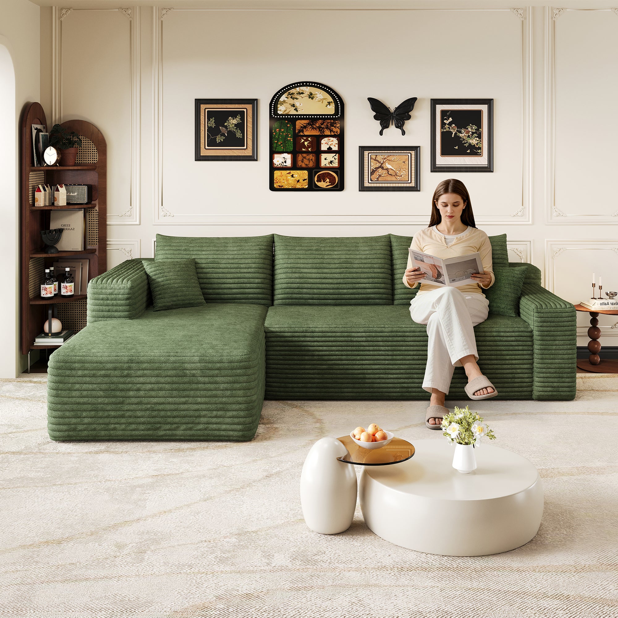 Canapé Modulaire compresse 241x151x58cm avec coussin, Canapé d'Angle Côté gauche Velours Côtelé avec méridienne, Assise Profonde,Canapé 3 Places Vert - 4