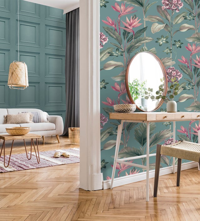 Carta da parati con fiori del paradiso e foglie in stile tropicale colore blu turchese scu - Mia Orchid 682878 di GAULAN - Rotolo di 10 m x 0,53 m