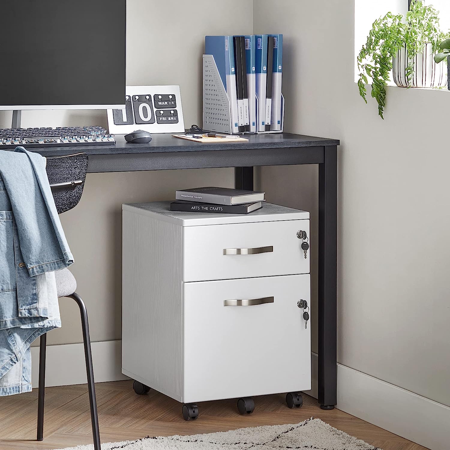 Caisson Bureau, Avec 2 Tiorirs, 5 Roulettes, Surface Texturée - 2