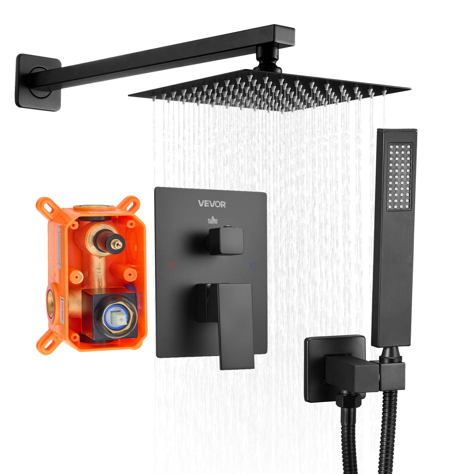 Sistem de duș ploaie VEVOR, pătrat 20,3 cm, robinet de perete negru mat cu duș manual și set de garnitură, baie