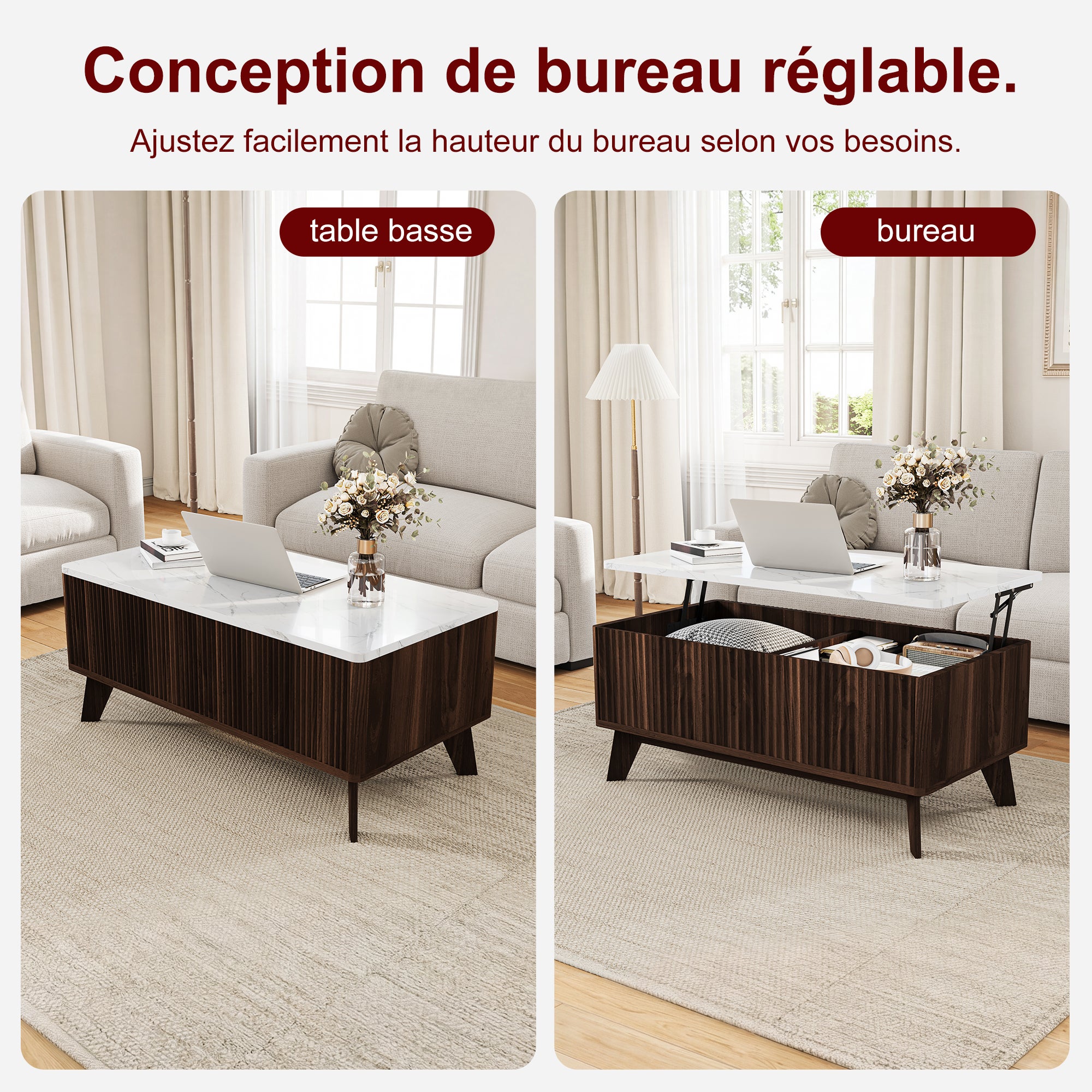 Table Basse, Table de Salon Relevable, Métal Vérin à Gaz, Plateau en Marbre,Compartiment sous Le Plateau,pour Salon,Salle à Manger, 105 x 42 x 53 cm - 4