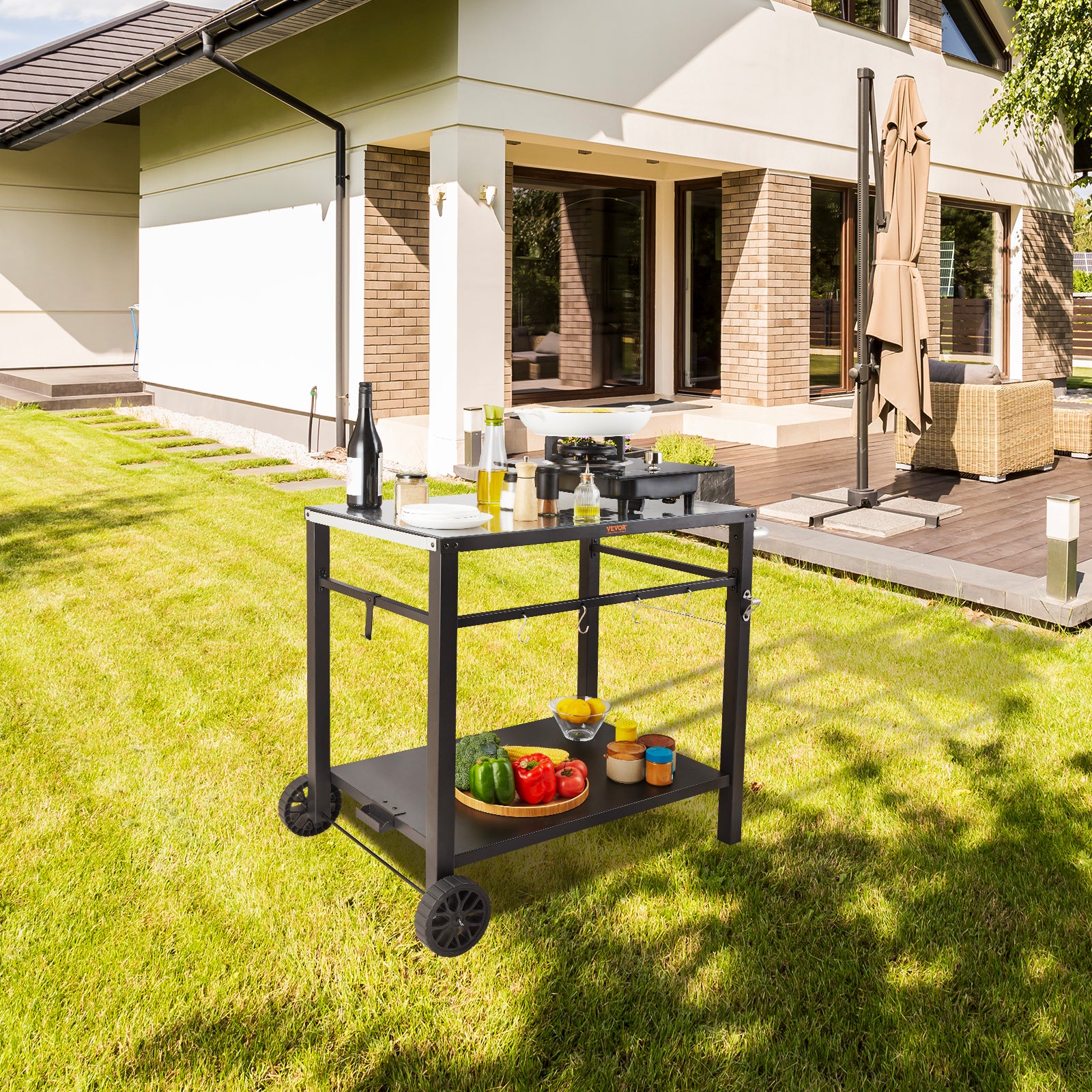 VEVOR Carrello da Pranzo per BBQ da Esterno con Doppio Ripiano, Tavolo Mobile Preparazione degli Alimenti per Barbecue, Piano Multifunzionale in Ferro - 8