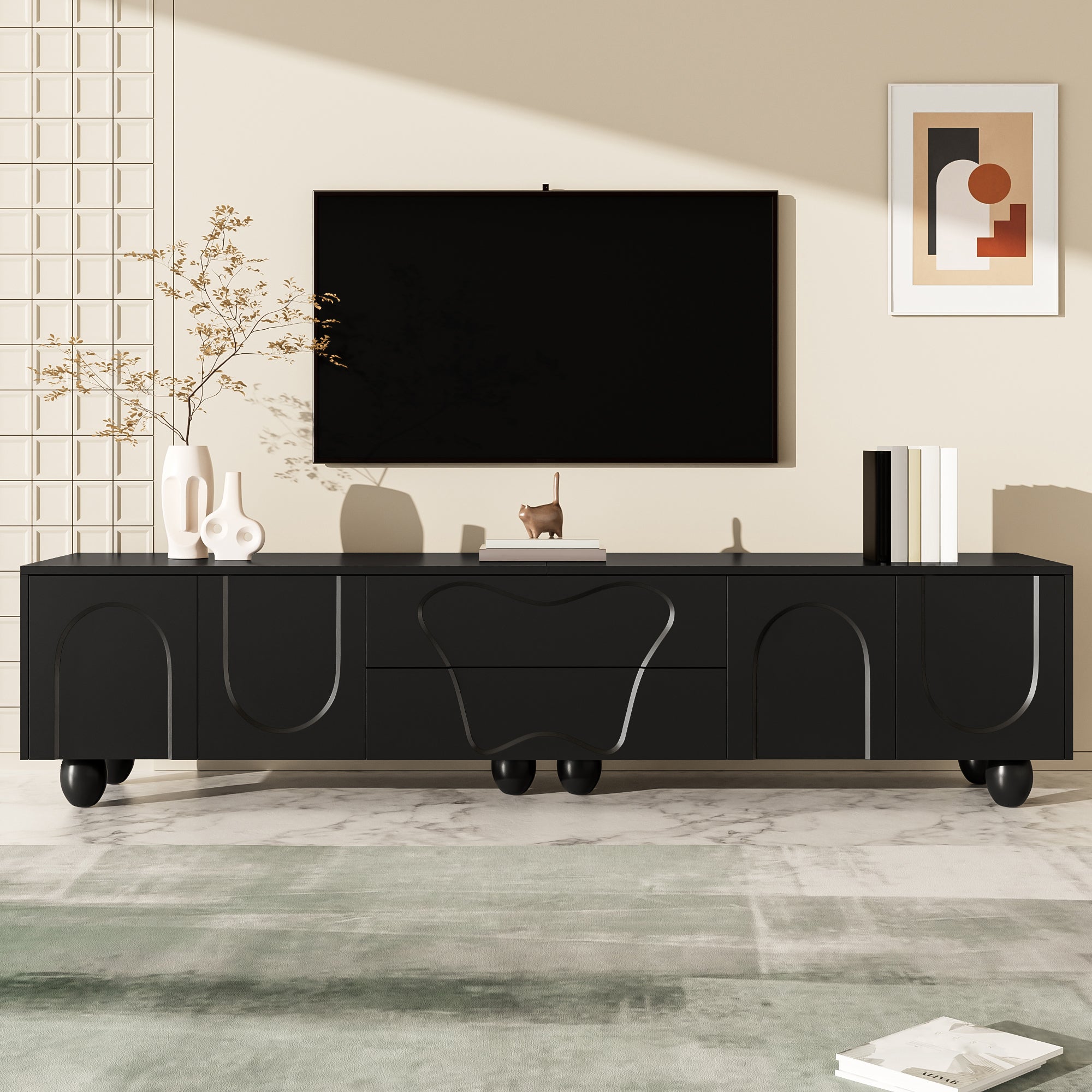 Szafa pod TV 180x40x42 cm - 2 szuflady i 4 drzwi - nogi z litego drewna - płyta wiórowa - czarny