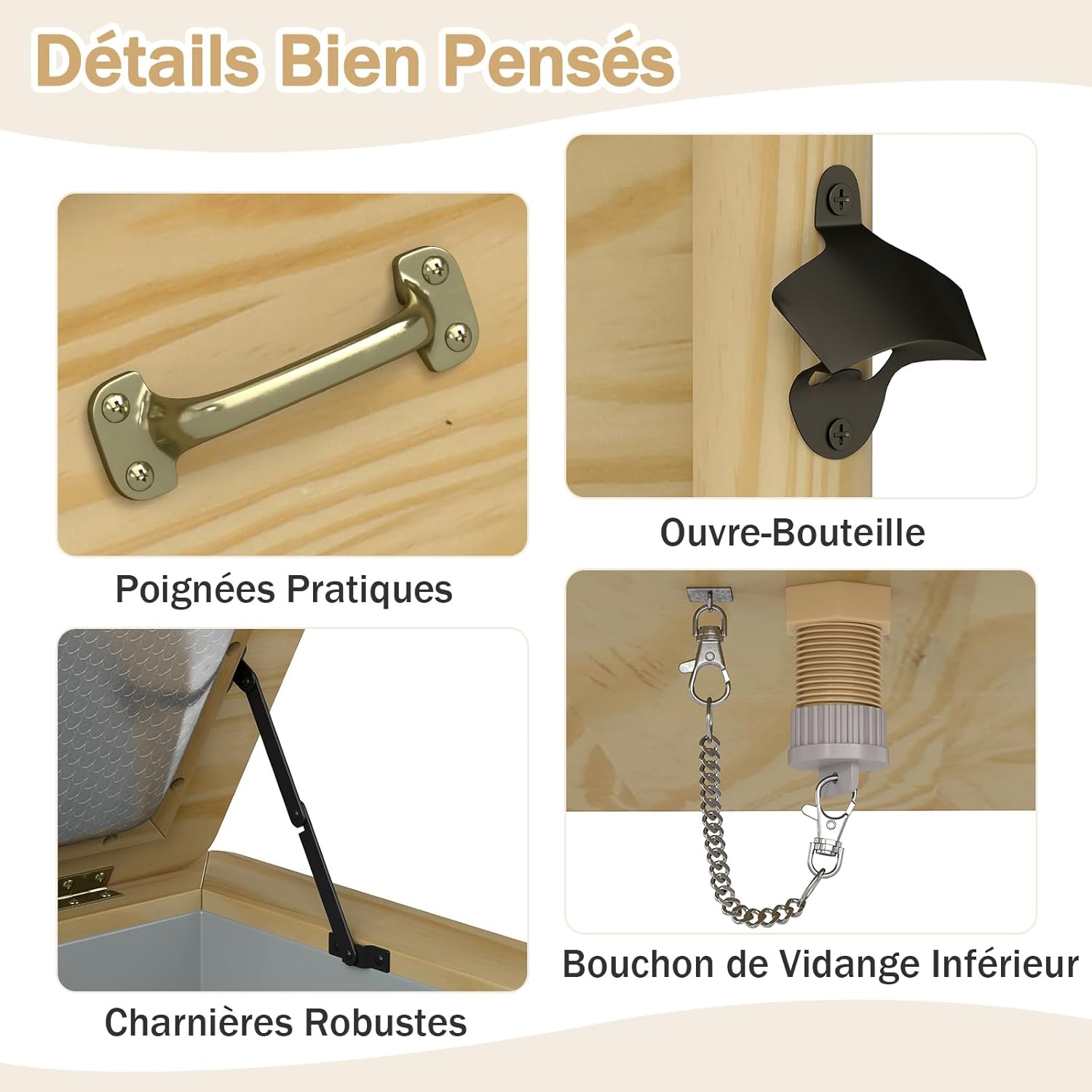 51 L Glacière Osotherme Bois Jardin, Glacière à Boissons Extérieure avec Poignées et Décapsuleur, pour Fête, Jardin, Bord de Piscine, 67 x 47 x 74 cm - 4