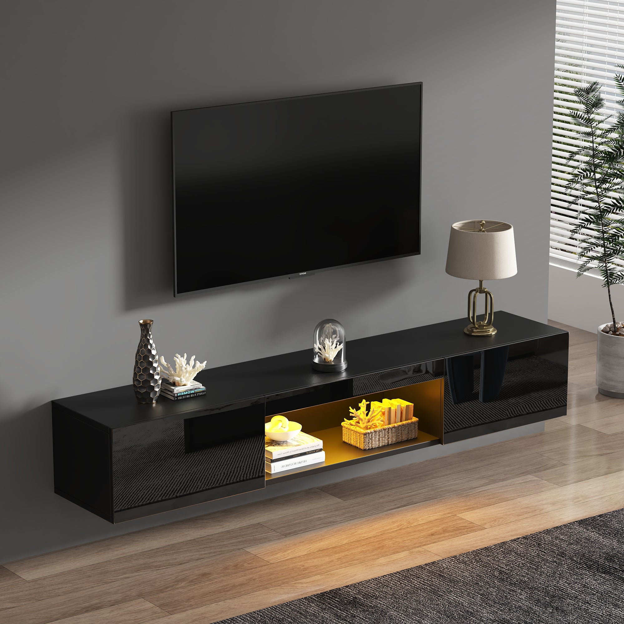 Szafka ścienna pod telewizor z 2 drzwiami i otwartą przegrodą - 160 x 31 x 22 cm - Oświetlenie LED - Płyta wiórowa - Czarny połysk - 2