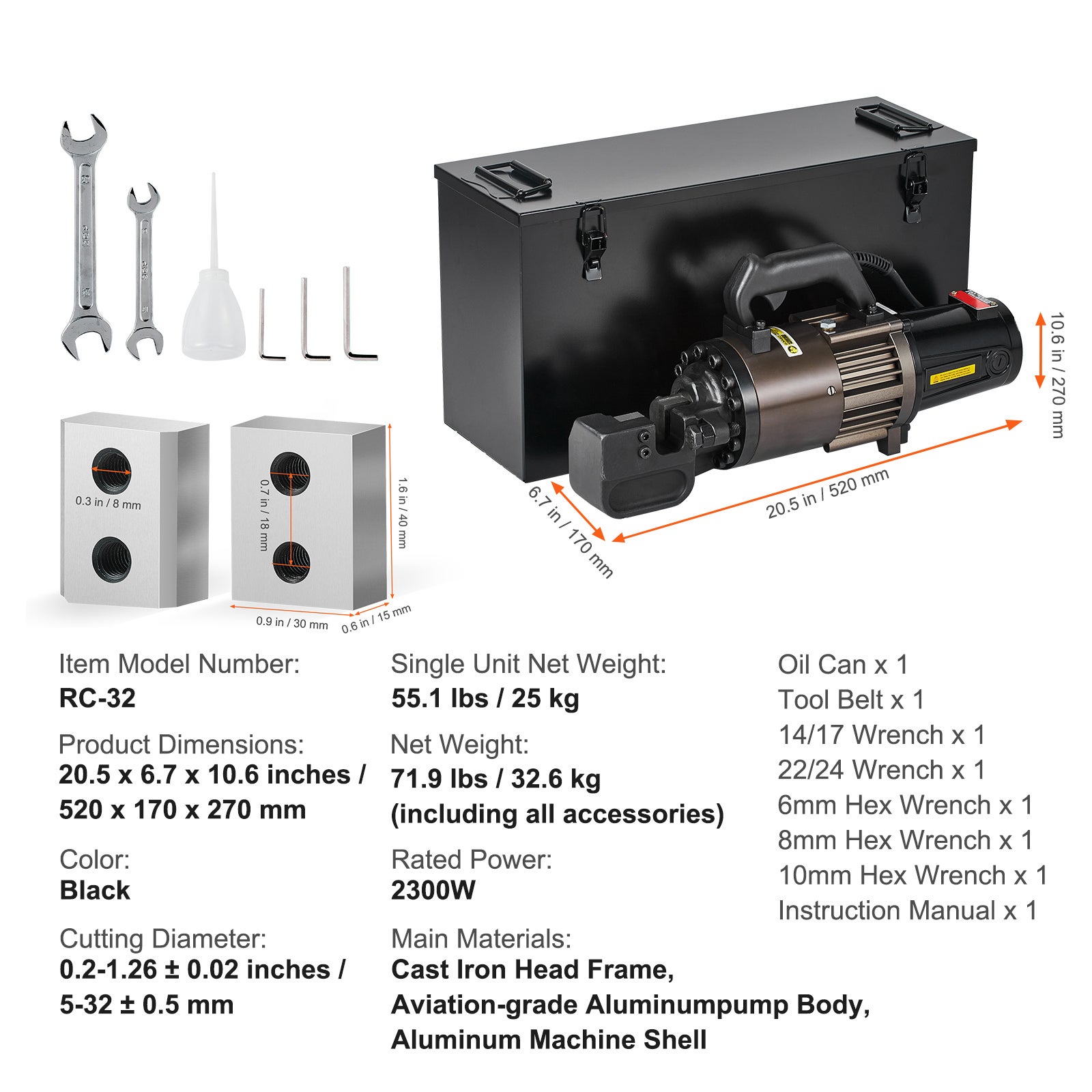 Coupe-barres hydraulique électrique SucceBuy 2300W,portable,coupe 5-32mm en 4,5s,haute puissance,hydraulique,acier,noir,220V,métal/noir - 9