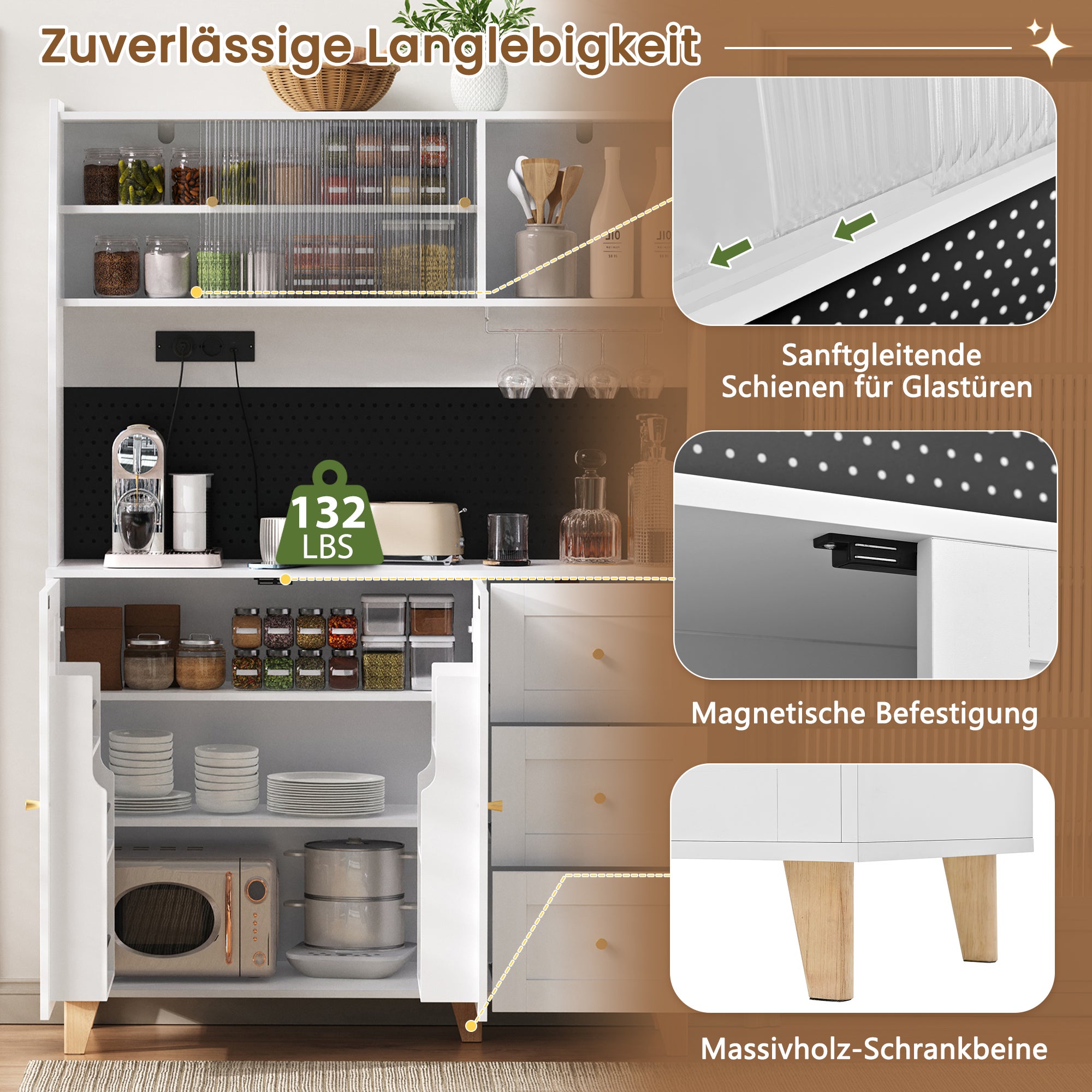 Kredens kuchenny z 2 drzwiami drewnianymi, 2 drzwiami przesuwnymi ze szkła i 3 szufladami - 120 x 40 x 184 cm - MDF - biały - 9