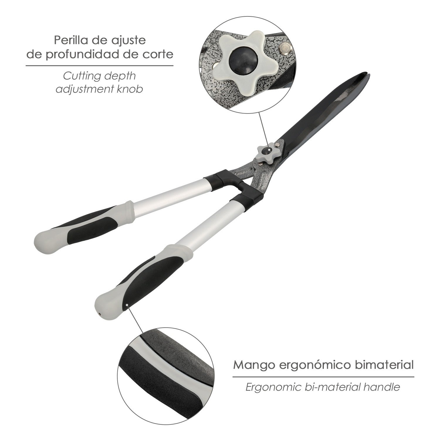 Tijera Podar Setos 2 Manos Aluminio 63 cm. Hojas Acero Antiadherente, Mango TPR, Ajuste Corte - 3