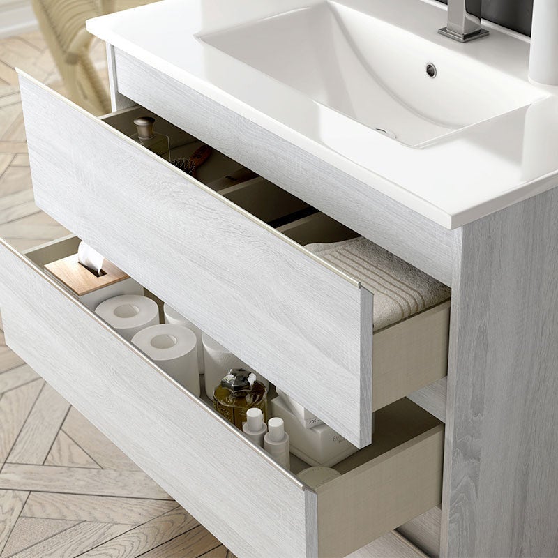 Meuble de salle de bain 100cm simple vasque - 2 tiroirs - sans miroir - BALEA - hibernian (bois blanchi) - 2