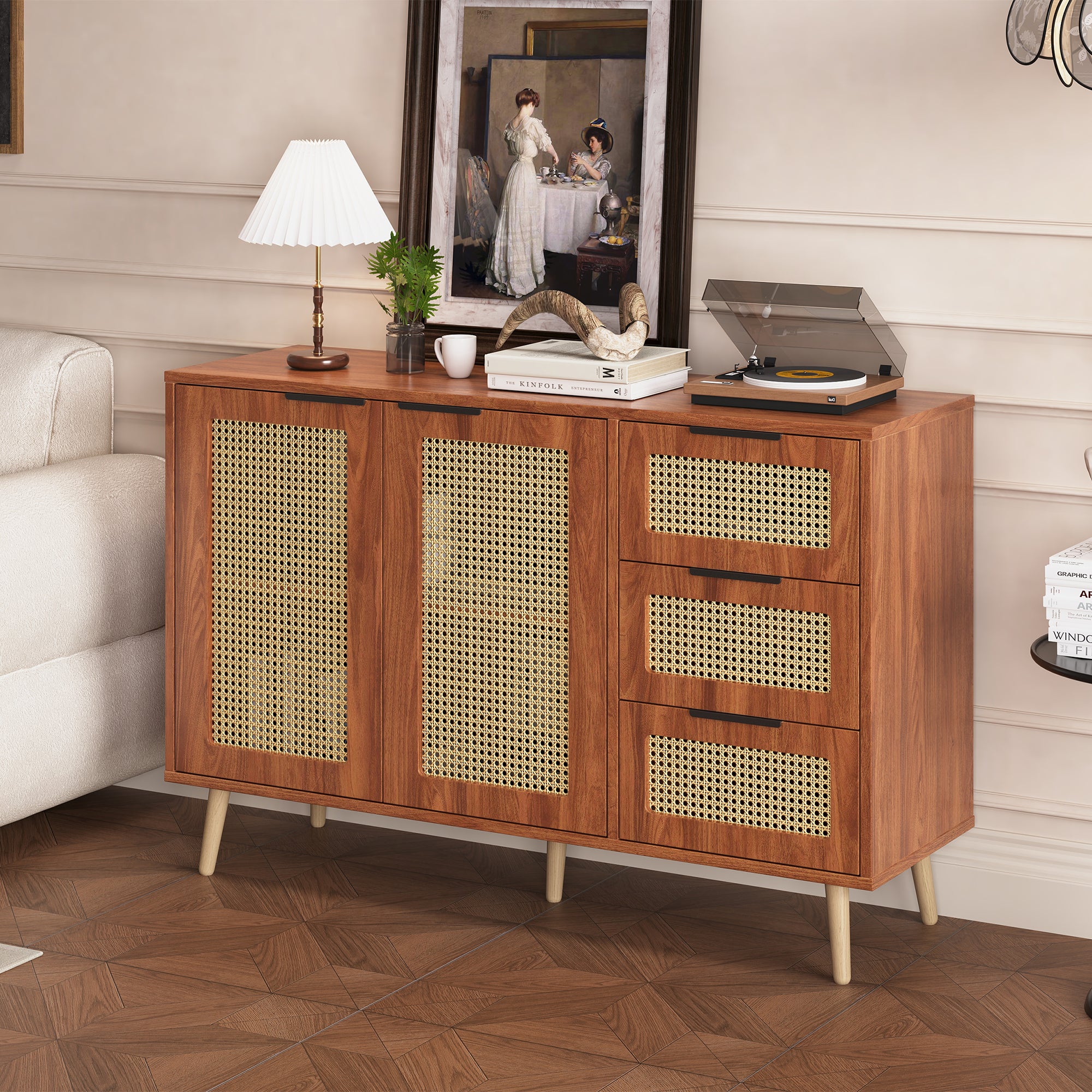 HAINEW Credenza Scandinava In Noce Con Ante In Rattan, 3 Cassetti E Gambe Dorate - 150x40x90 Cm