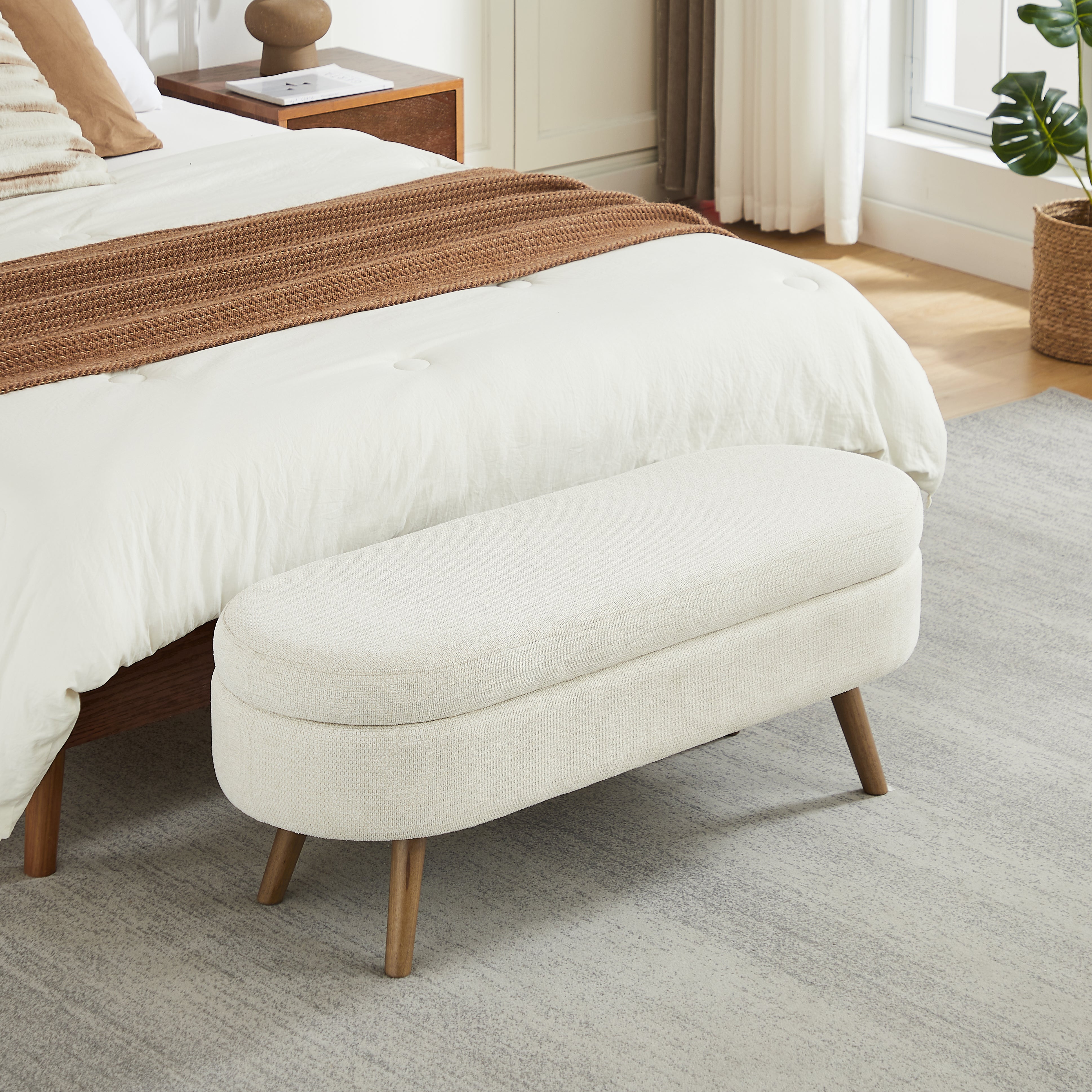 Banc coffre 110 cm, aération intégrée, forme ovale, chenille beige - 9