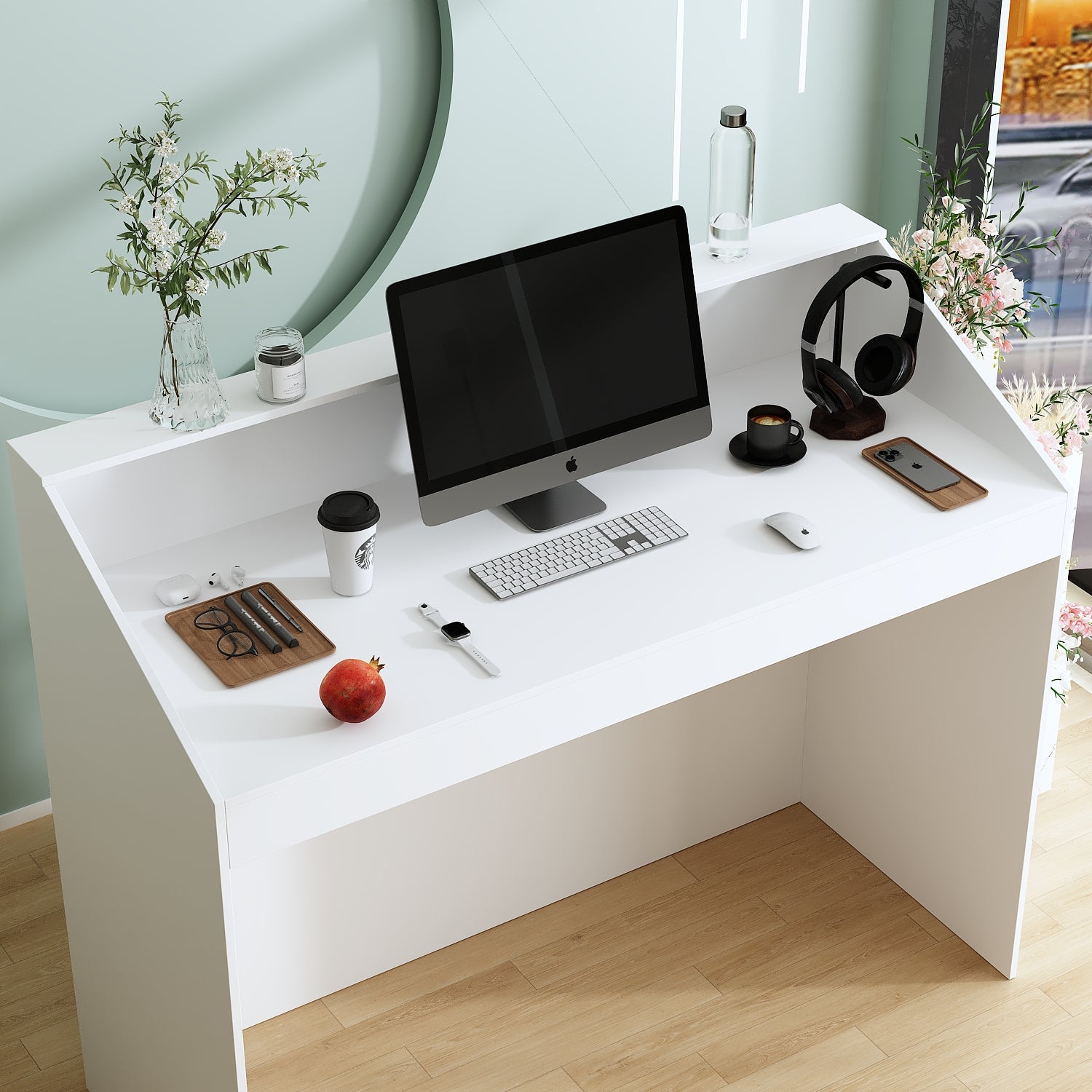 Comptoir de réception avec compartiments ouverts,Table de réception,étagères,Salon,Bureau,120x50x100cm,Blanc - 4
