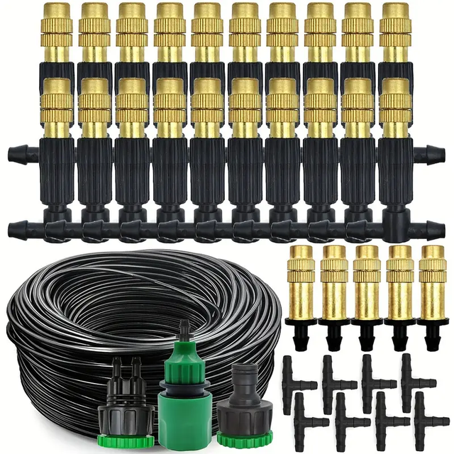 Système d'irrigation de jardin, kit d'arrosage avec buses de pulvérisation en laiton et tuyau de 30 m, système de brumisation et de refroidissement.
