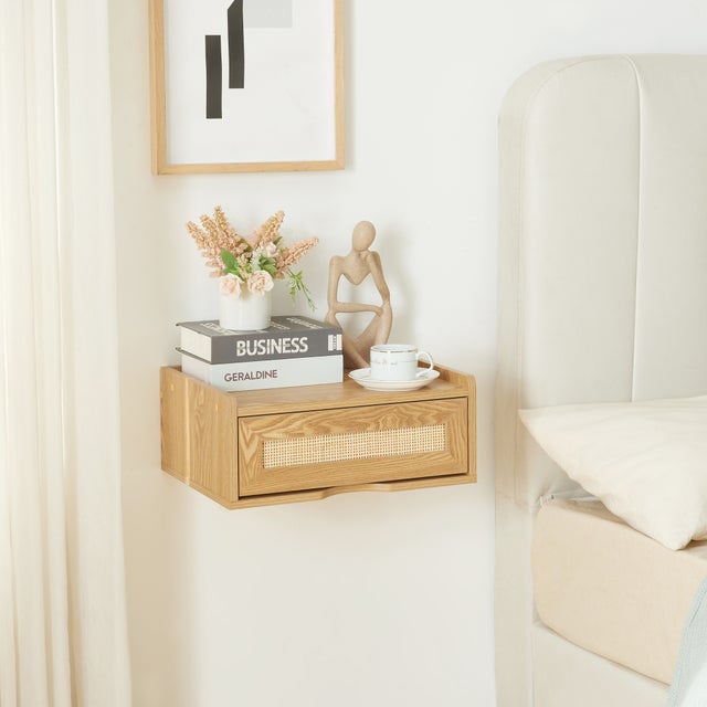 Étagère Murale Flottante En Rotin Et Bois - Décoration Plante, Salle De Bain, Cuisine, Salon