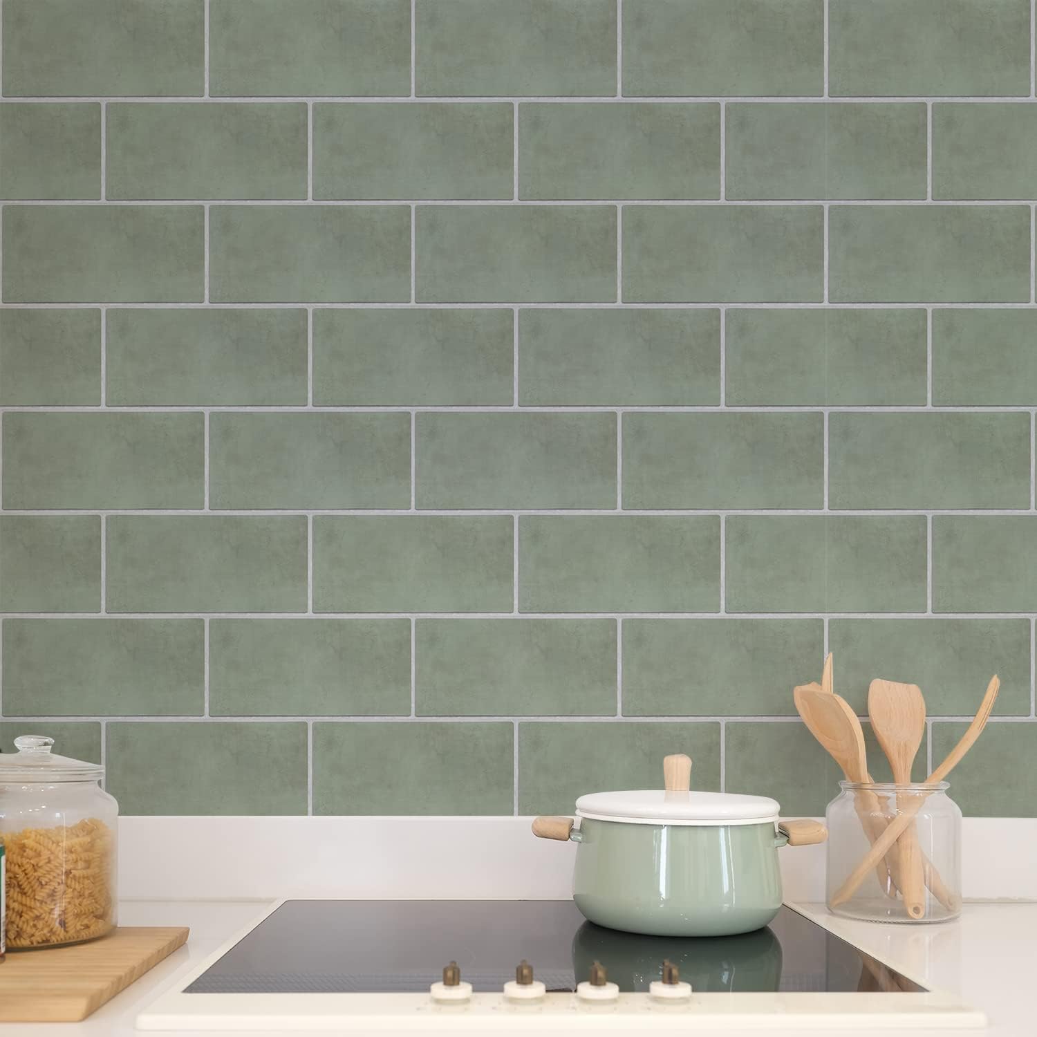 12 autocollants pour carrelage mural et sol en PVC, autocollants pour carrelage de cuisine et de salle de bain, décoller et coller, vert, 30 x 15 cm - 3