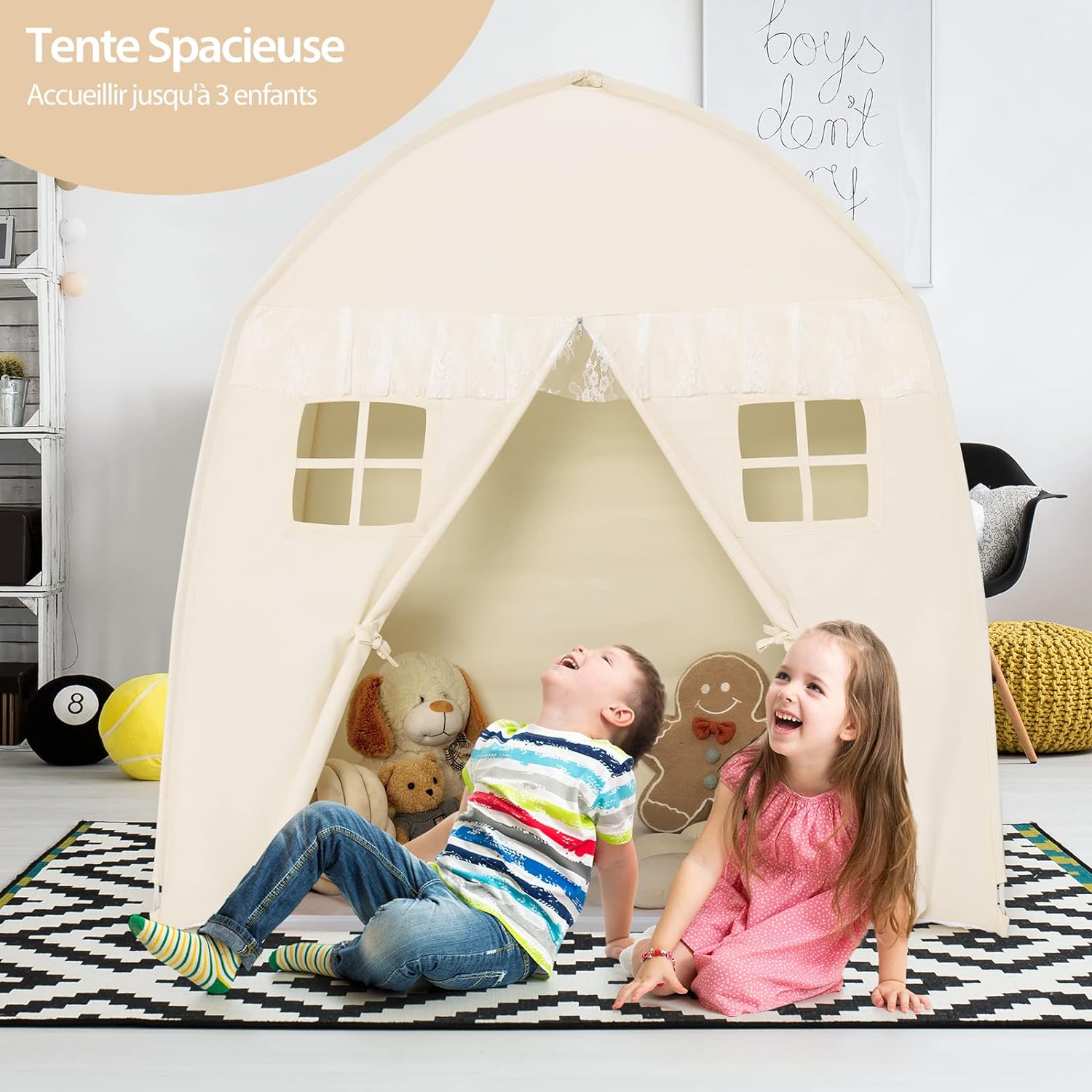 Tente Enfant Beige Avec Fenêtre – Tapis De Jeu Inclus – Intérieur/extérieur – Dès 3 Ans – Montage Facile