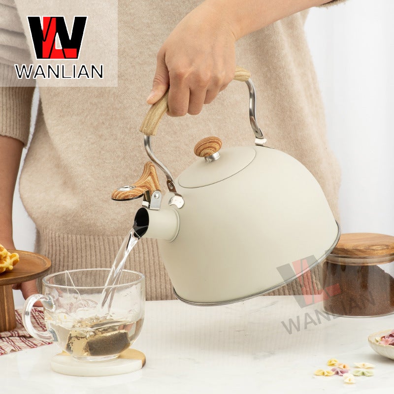 Bouilloire sifflante en acier inoxydable de 2,5 L avec poignée en bois, compatible avec cuisinière à gaz et à induction (beige) - 8