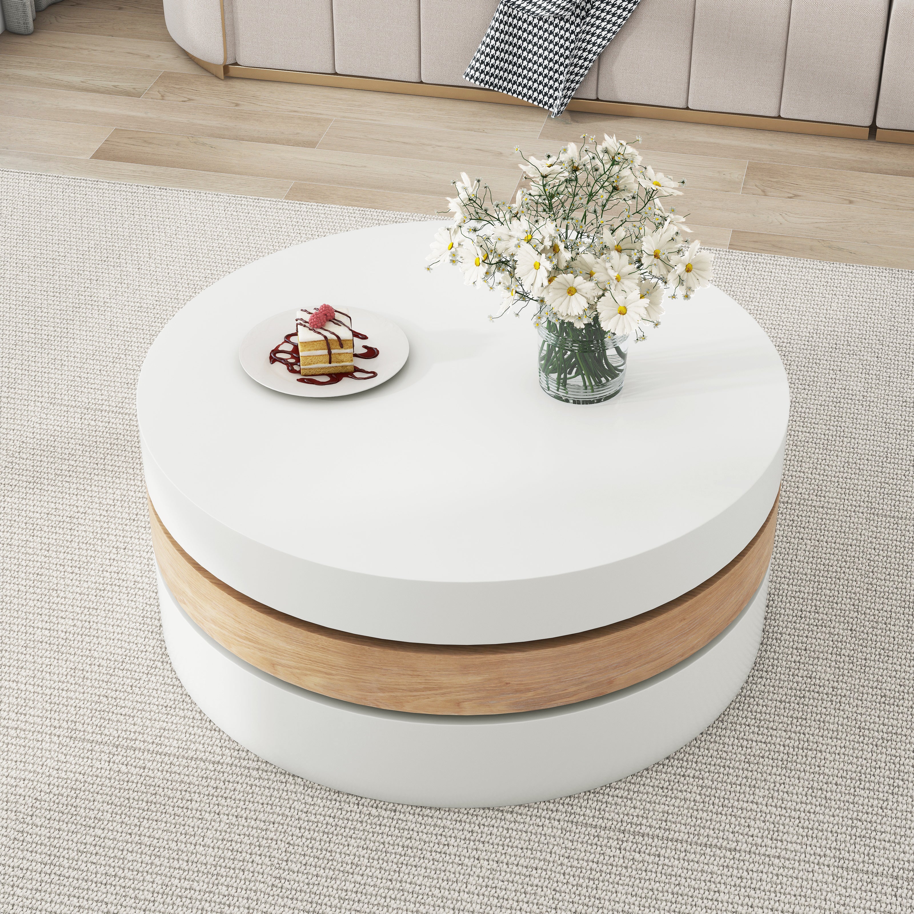 Table basse cylindrique de 60 × 60 × 35,1 cm, table supérieure tournant librement à 360°, table tournante de salon, canapé triple, 3 rangements - 2