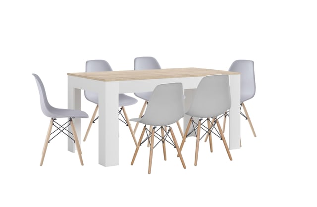Conjunto Mesa Extensível de Jantar ou Cozinha Branco e Carvalho + 6 Cadeiras Estilo Nórdico Cinza