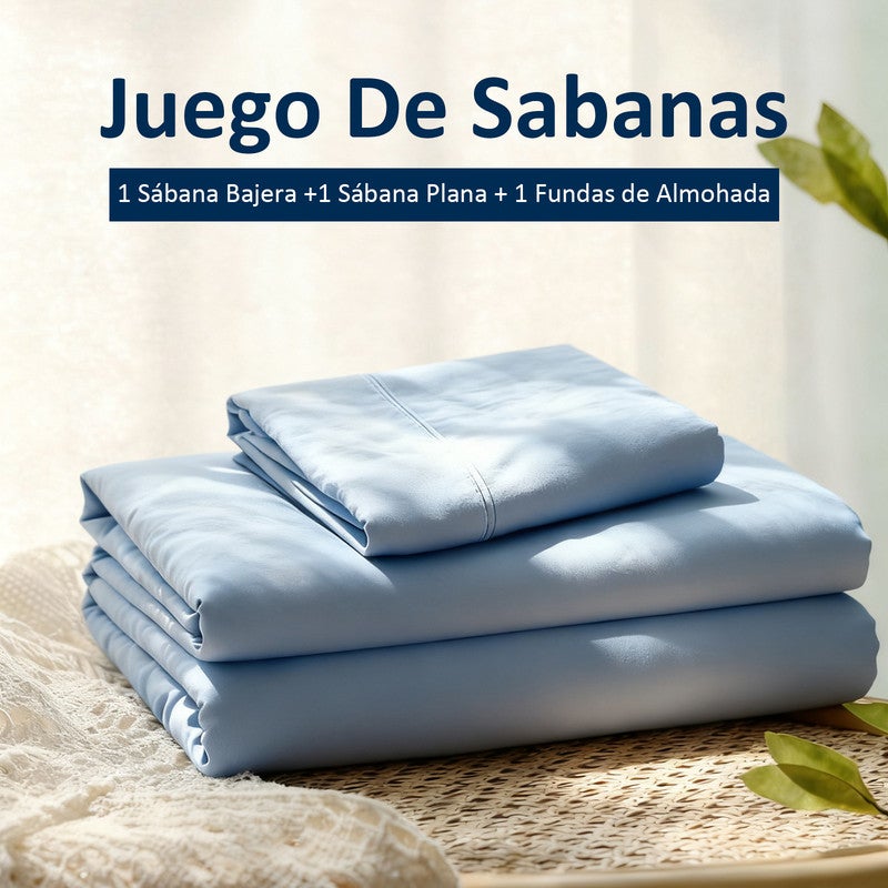 Juego de Sábanas 100% Algodón | 3 Piezas | Bajera Ajustable 30 CM | Funda Almohada Boca Abierta | Hipoalergénico, Absorbe Humedad | Celeste Cama 90 - 3
