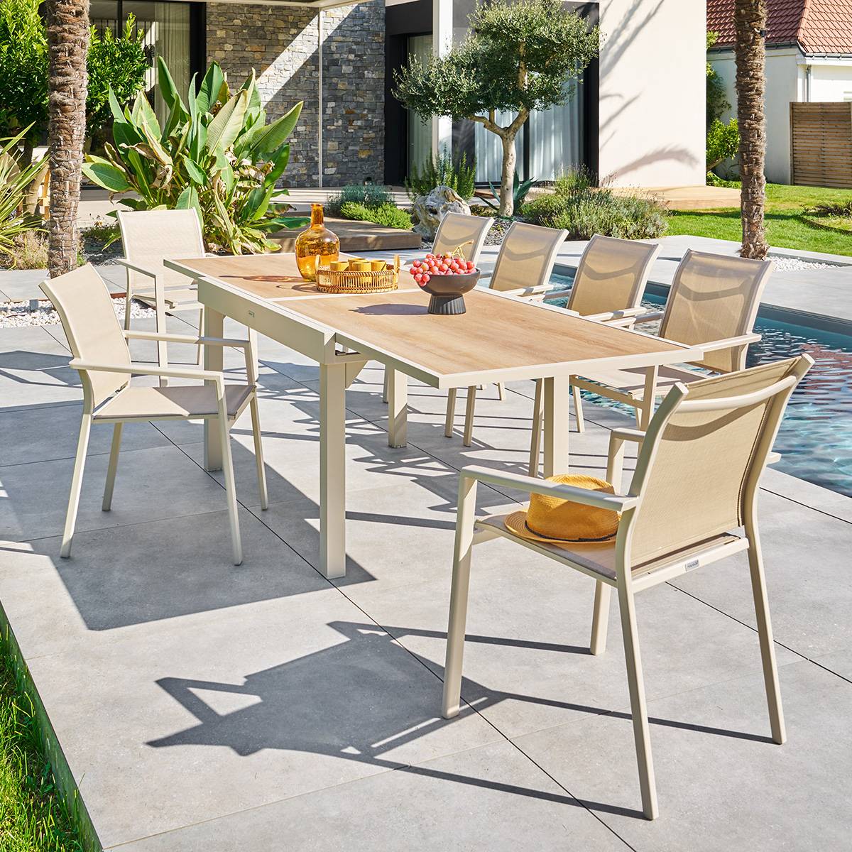 Table de jardin extensible rectangulaire en Verre Beige 10 places - 8