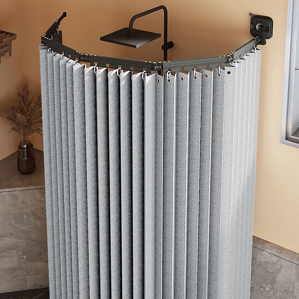 Barra de cortina de ducha plegable con ventosa, cortina de ducha (2,0 x 2 m) y anillas incluidas, no requiere taladro (gris claro, 5 paneles)