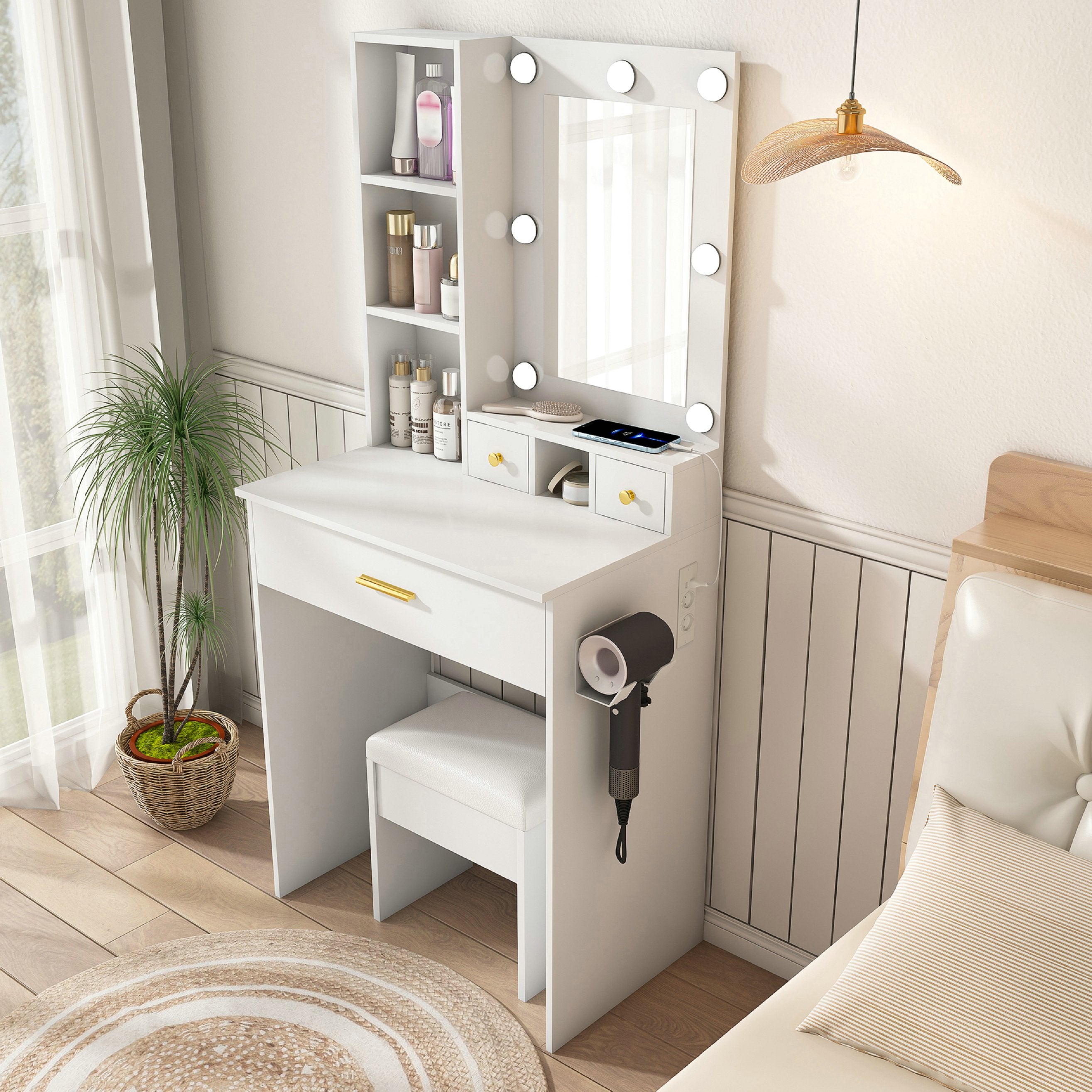 Petite Coiffeuse avec Miroir LED Réglable, Prise Intégrée, Support et Tabouret Rembourré - Table avec Tiroirs, Blanc, 60x131.5x38cm - 2