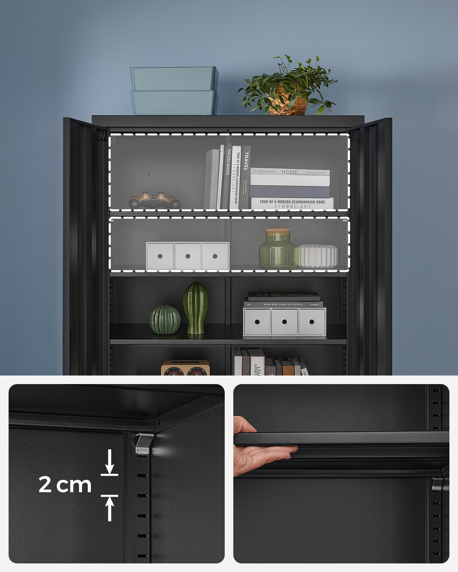 Meuble de Rangement Bureau, en Acier, Placard, 5 Niveaux, Doubles Portes, Serrure, Armoire à Outils, Étagères Réglables, pour Garage, Bureau, Noir Mat - 6