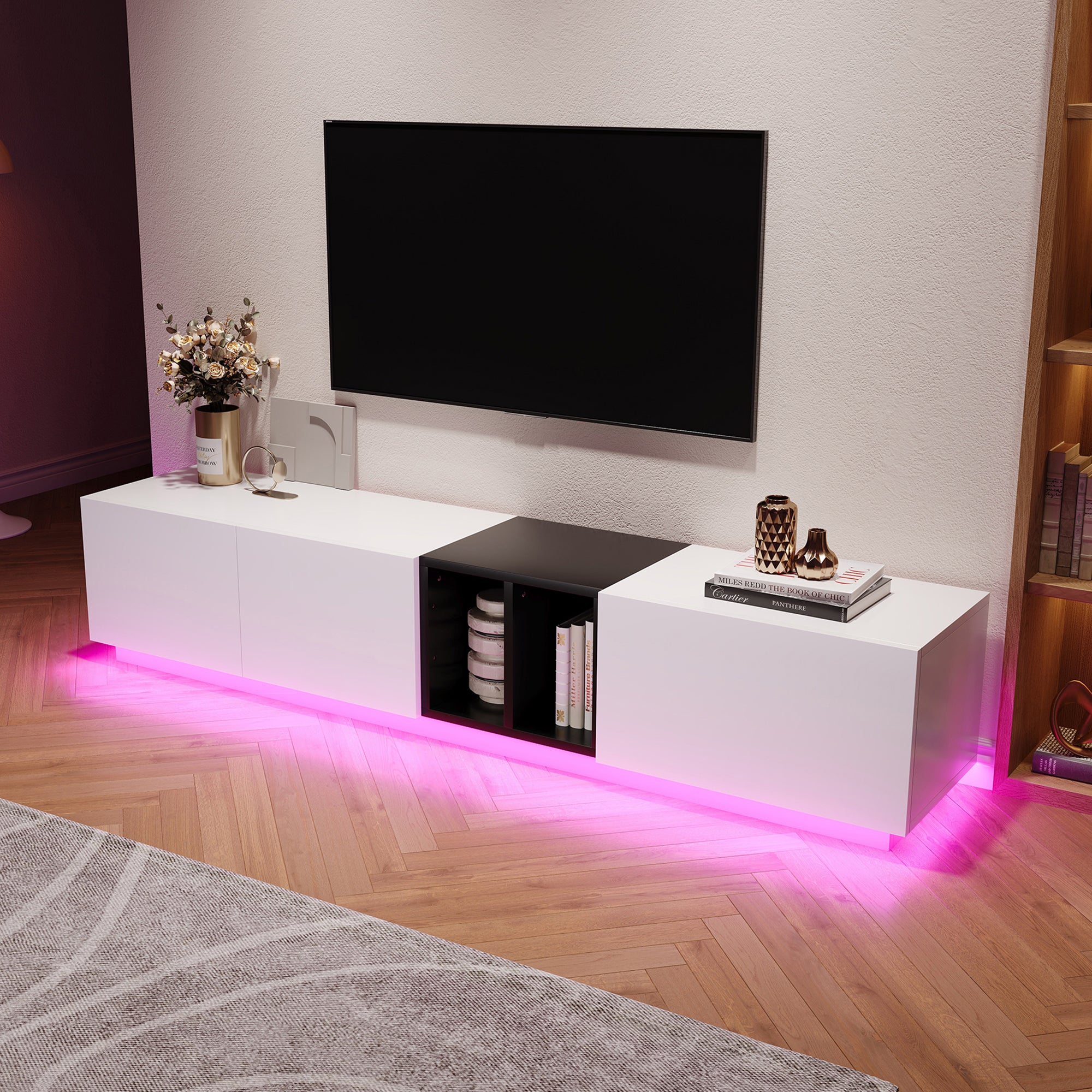 Stolik pod TV z szufladami i przegródkami, biały