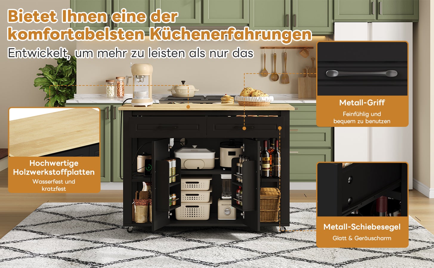 Isola cucina con tavolo bar estensibile - 2 ante, 2 cassetti e 4 scomparti - Porta di ricarica - 120 x 50/77 x 93 cm - MDF - Nero - 9