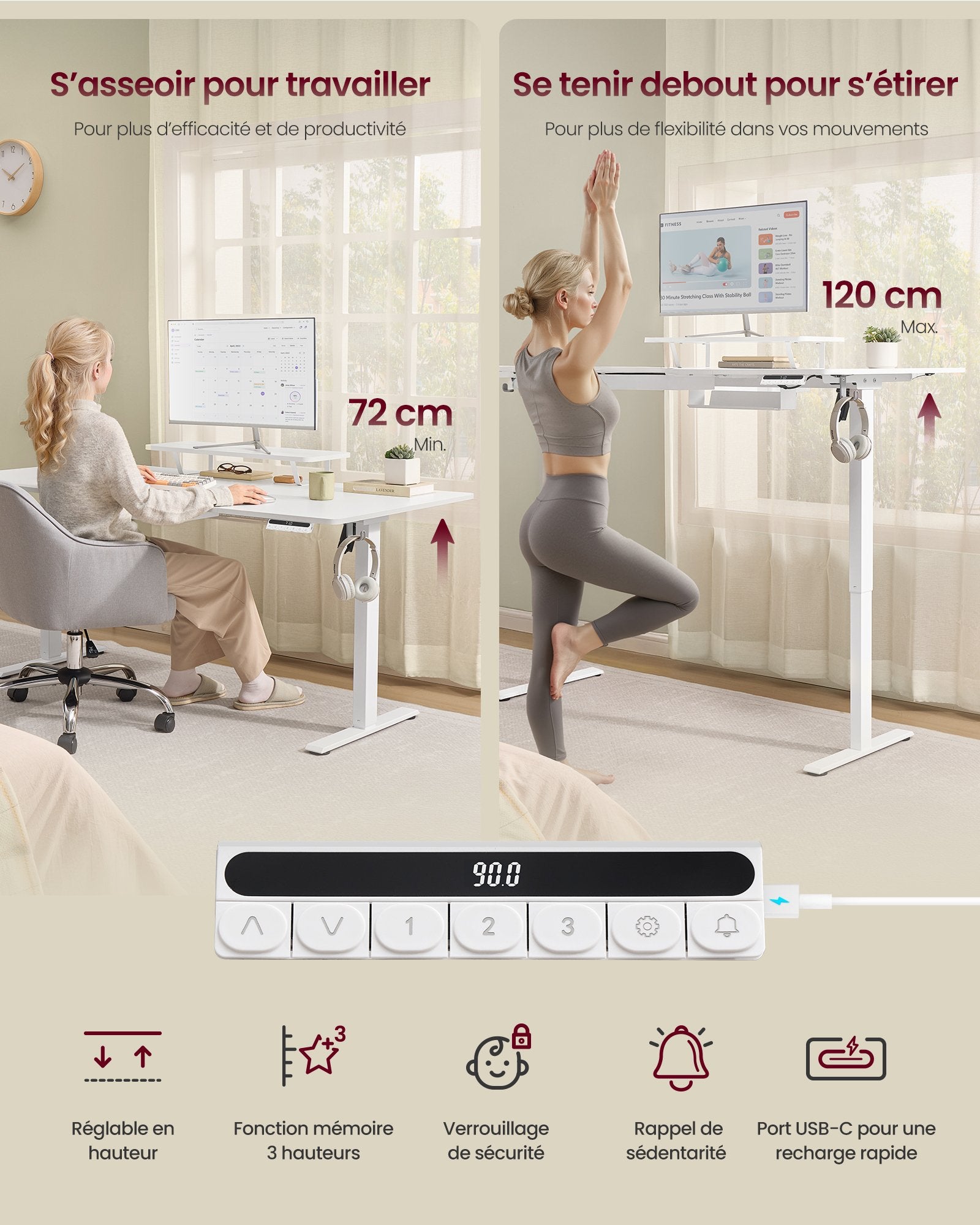 Bureau Électrique Réglable en Hauteur, 160 x 80 cm, Support d'Écran à Montage Flexible, Tiroir, Port USB-C, Rappel de Sédentarité, Blanc Nuage - 5