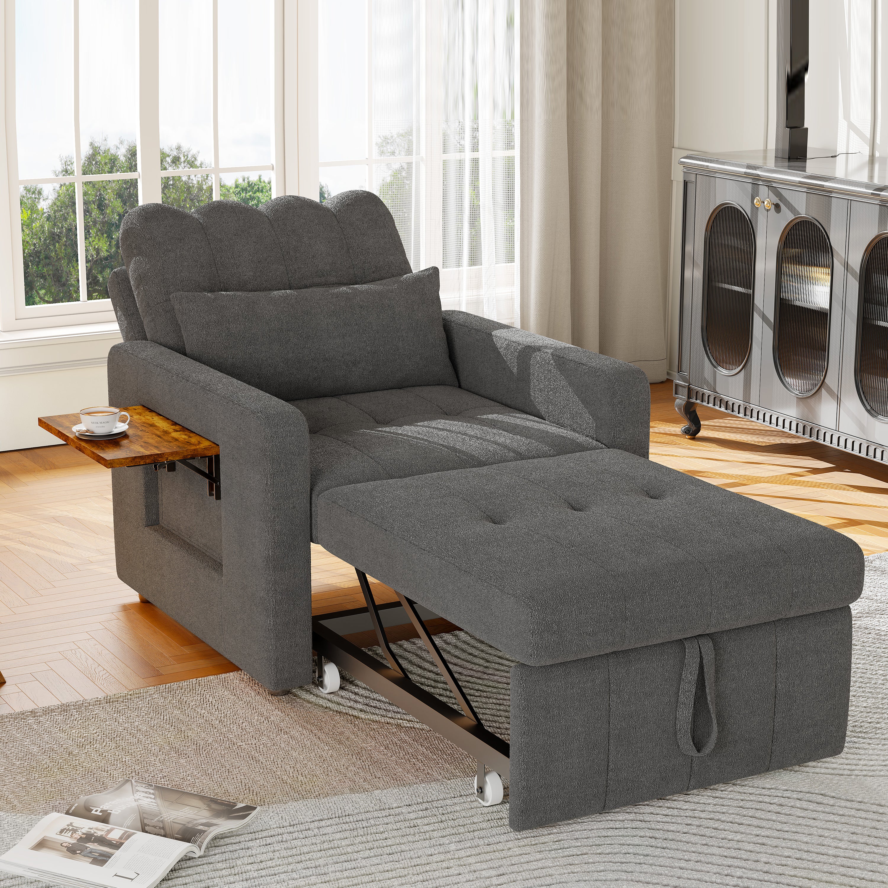 Canapé Lit Convertible 1 Place,3 en 1 Fauteuil Convertible Lit avec Table et Poches,Fauteuil Lit avec Dossier Réglable à 5 Positions,Gris(Chenille) - 9