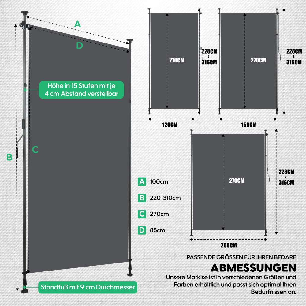 Store banne extérieur vertical sans perçage, pare-vue balcon terrasse, polyester anthracite 120x270cm, protection vent UV, avec manivelle - 6