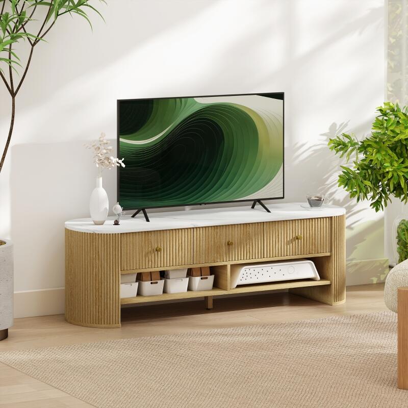 Meuble TV HOMCOM 140cm Effet Marbre & Bois - 3 Tiroirs + 2 Étagères Pour TV 32-65 Pouces