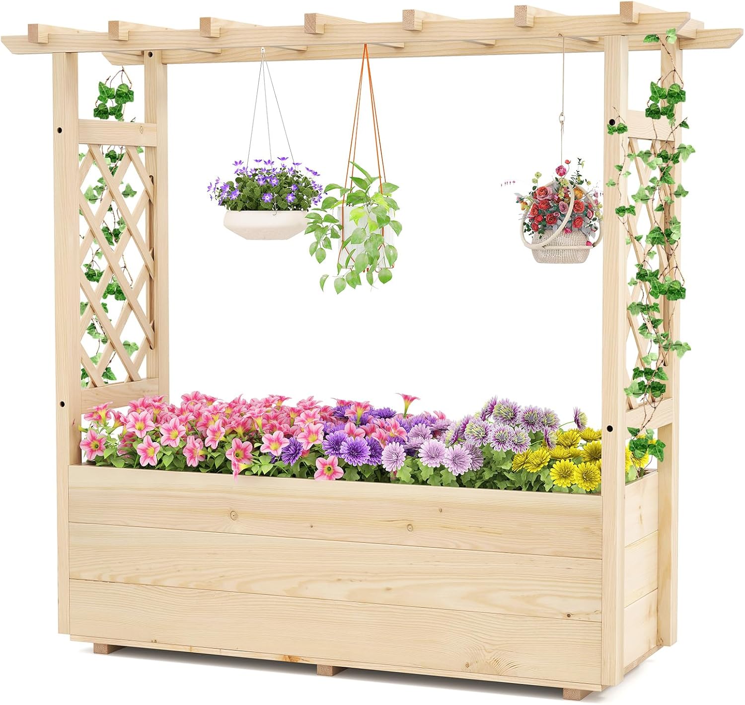 Podwyższona Skrzynka Roślinna z Treliśem z Drewna Litego, Wiszący Dach dla Winorośli, dla Warzyw, Owoców i Kwiatów, Zewnątrz/Wewnątrz (115x40x103cm)