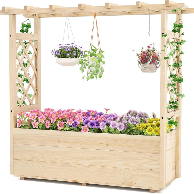 Podwyższona Skrzynka Roślinna z Treliśem z Drewna Litego, Wiszący Dach dla Winorośli, dla Warzyw, Owoców i Kwiatów, Zewnątrz/Wewnątrz (115x40x103cm)