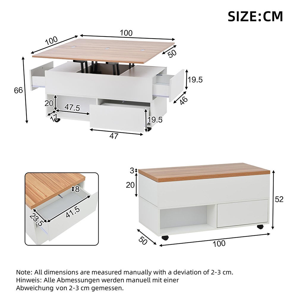 Table basse avec 4 roulettes 4 tiroirs relevable réglable en hauteur avec espace de rangement blanc - 7