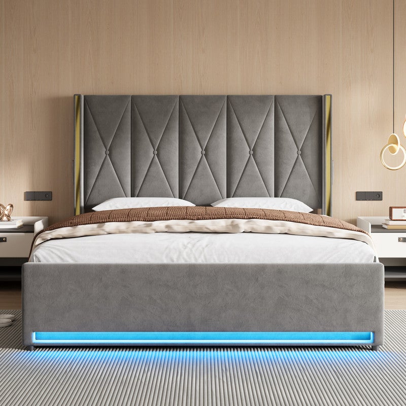 Lit 180x200 avec ports USB et éclairage LED,Lit double rembourré avec poches latérales,Lit coffre hydraulique,tissu velours,Gris foncé (Sans matelas) - 6