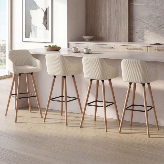 Lot de 4 tabourets de bar JANY pivotants avec accoudoirs en velours côtelé beige et pieds bois