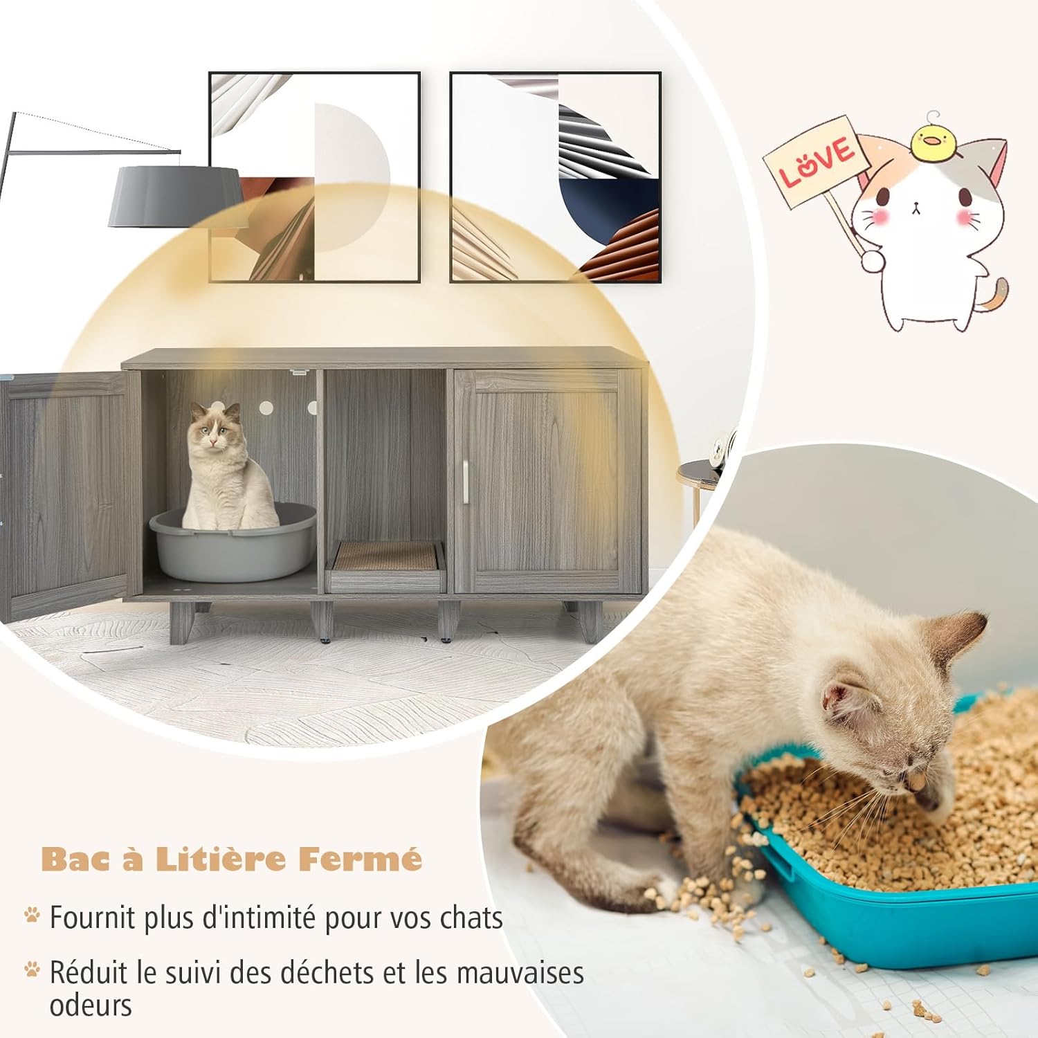 Caixa de Areia para Gatos 3 em 1, Móvel para Gatos com 2 Portas, Pernas Removíveis e Arranhador Removível Placa, Casa Interior para 2 Gatos - 7