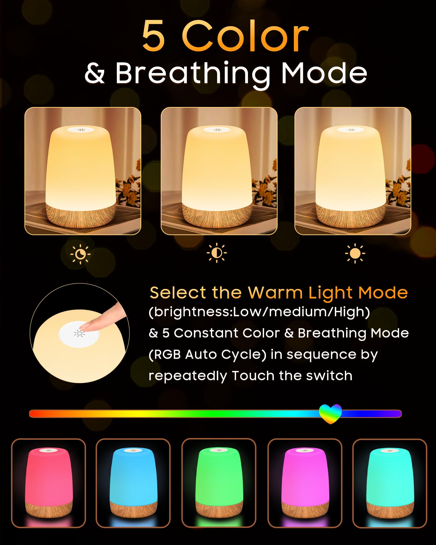 Lampe De Chevet LED Rechargeable - 4 Niveaux Luminosité + 4 Modes Couleurs RVB - Touche Sensitive, Mémoire, Portable Avec Crochet