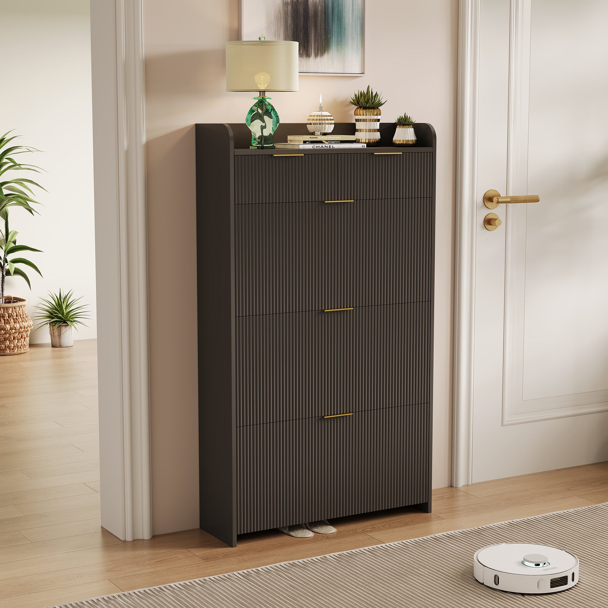 Meuble à chaussures étroit, en bois, doté de 3 portes rabattables et de 2 tiroirs, idéal pour l'entrée ou le couloir, Noir - 2