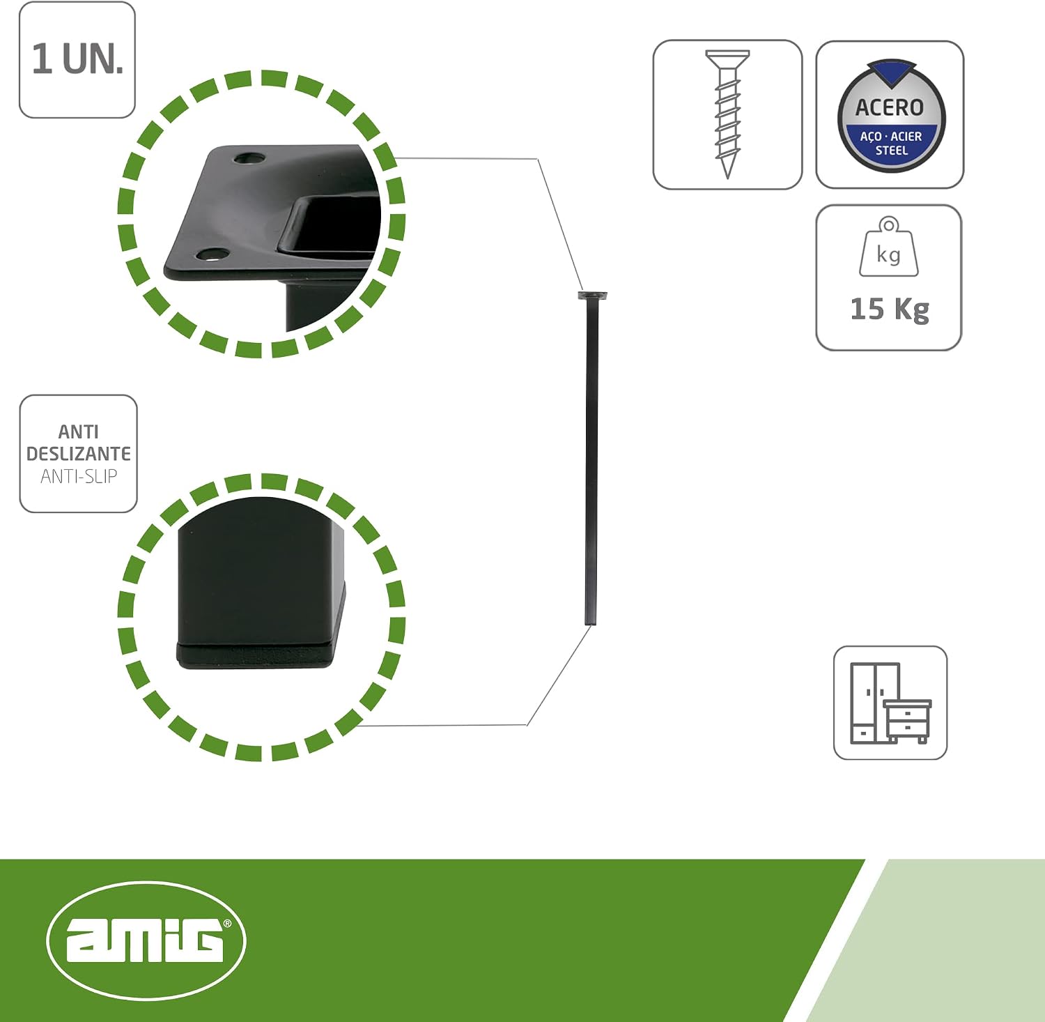 Picior pătrat pentru mobilă Mod. 3 25 x 25 x 600 mm cu șuruburi de reglare Vizibil în 4 puncte Rezistă până la 15 kg/picior Oțel negru